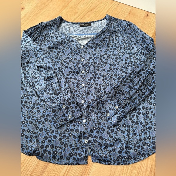 Lane Bryant Ruched Button-Front Knit & Woven Blouse Blue Floral Plus Size 14/16 - Picture 8 of 11
